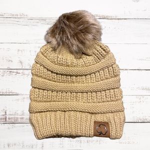 Clover Cottage Kids Pom-Pom Beanie-Khaki One Size
